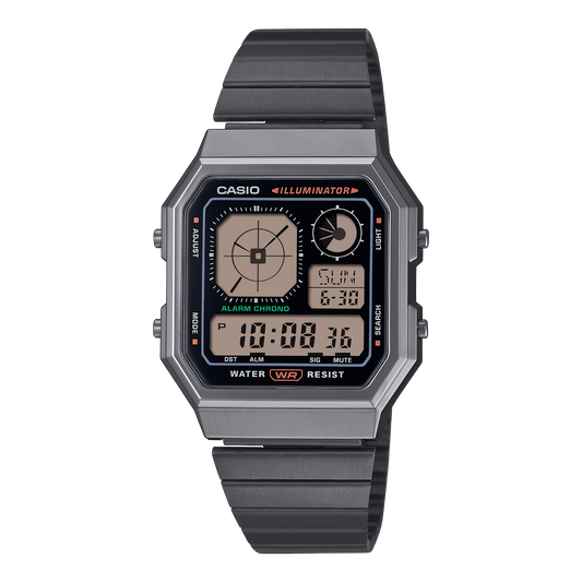 Casio men analog watch, black dial with grey stainless steel band, model CS-A130WEGG-1ADF, Bahrain