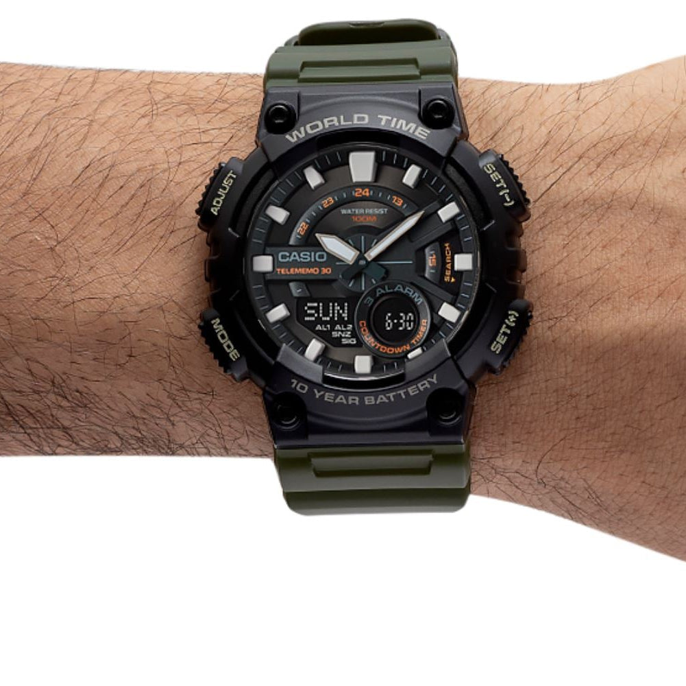 Casio Men's Watch Analog & Digital Combo, Black Dial Green Resin Strap, AEQ-110W-3AVDF product image