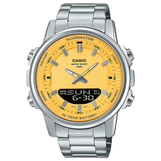 Casio men analog watch, yellow dial with silver stainless steel band, model CS-AMW-880D-9AVDF, Bahrain