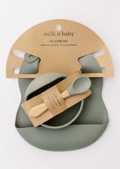 Milk It Baby Army Green Bib & Bowl Set, 100% Food Grade Silicone Set, MI-BBAG001