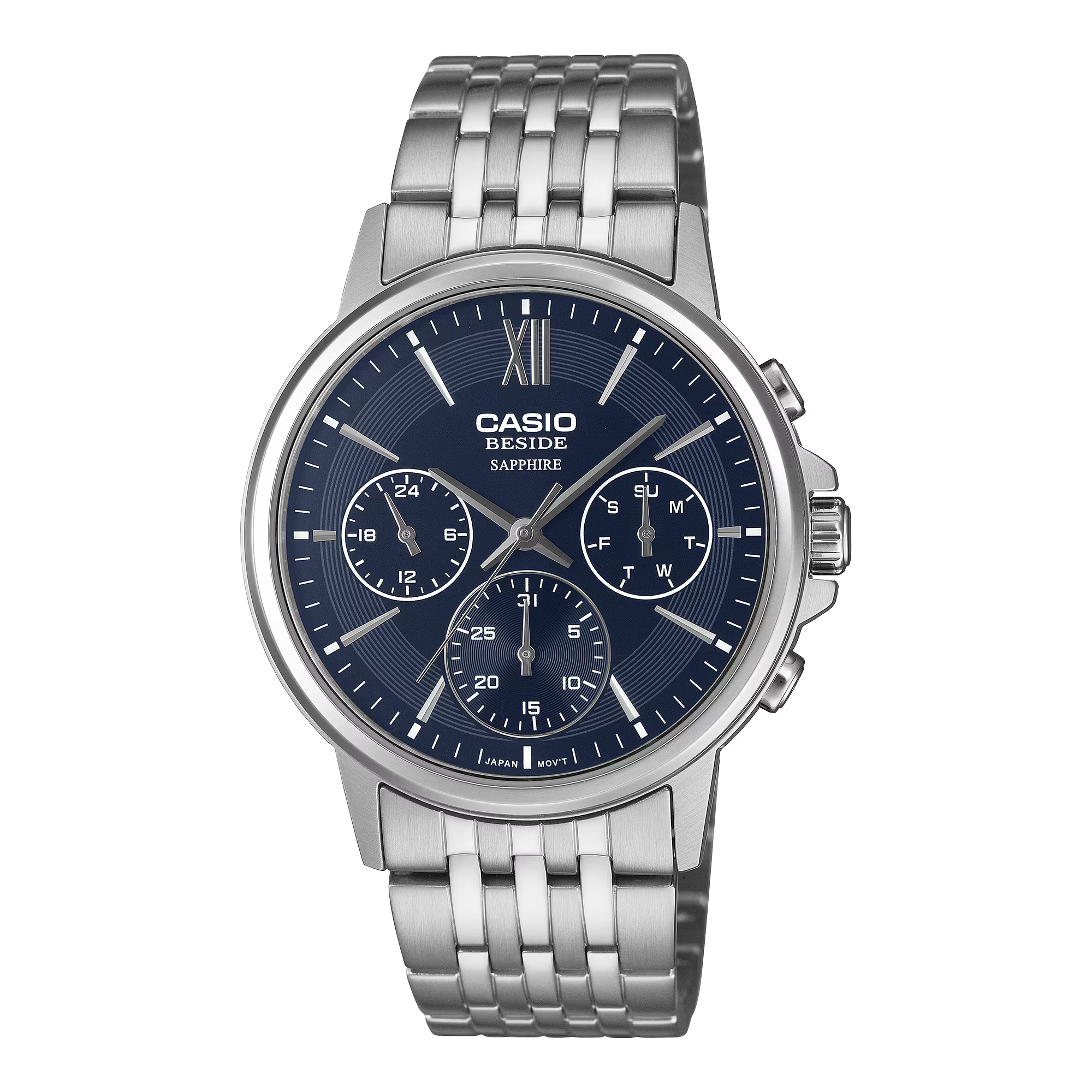 Casio Beside Collection Men's Watch Day/Date Multifunction Analog Blue Dial and Sapphire Crystal Glass with Stainless Steel Band, BMS-300D-2AVDF product image
