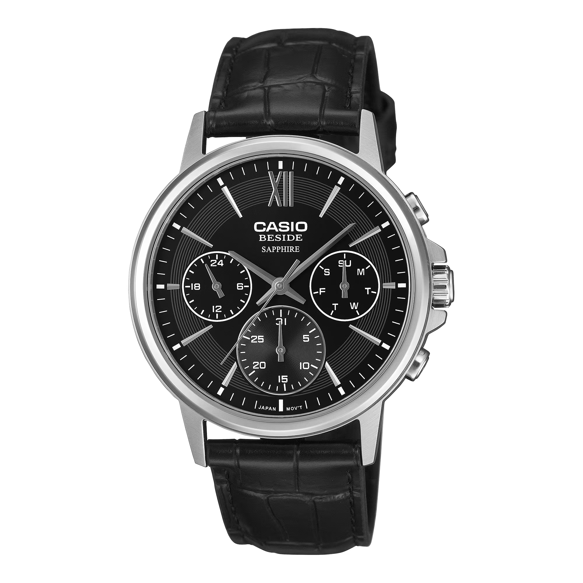Casio Beside Collection Men's Watch Day/Date Multifunction Analog Black Dial and Sapphire Crystal Glass with Black Leather Strap, BMS-300L-1AVDF product image