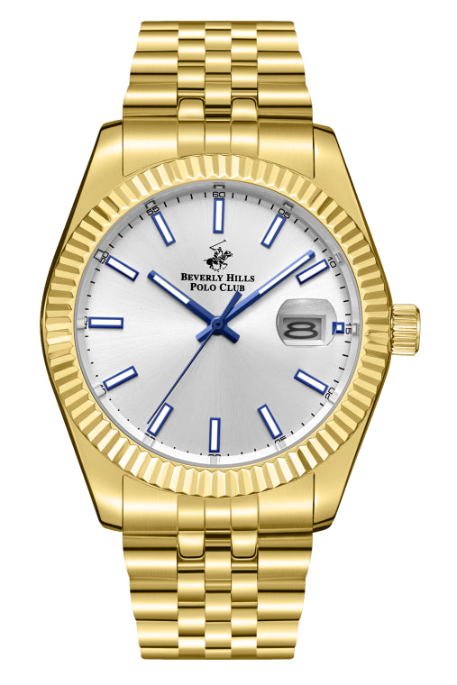 Beverly Hills Polo Club Men's Analog Watch, White Ceramic Dial With Golden Stainless Steel Band, BP3018X.130