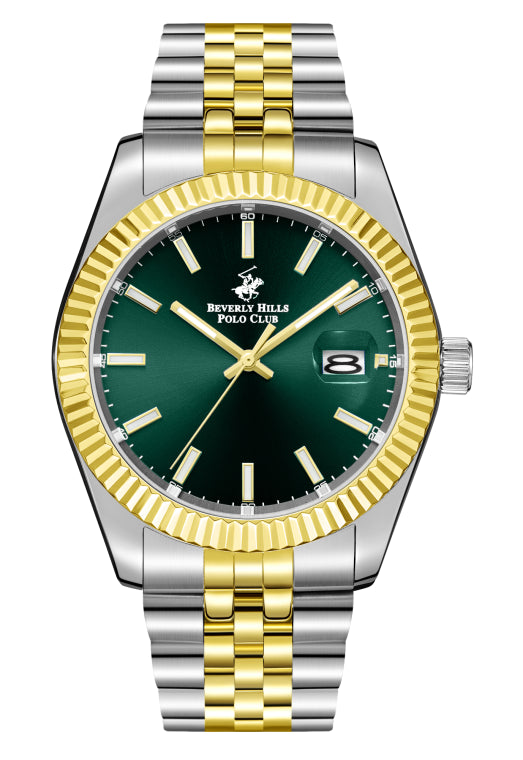 Beverly Hills Polo Club Men's Analog Watch, Green Dial With Two Tone Stainless Steel Band, BP3018X.271