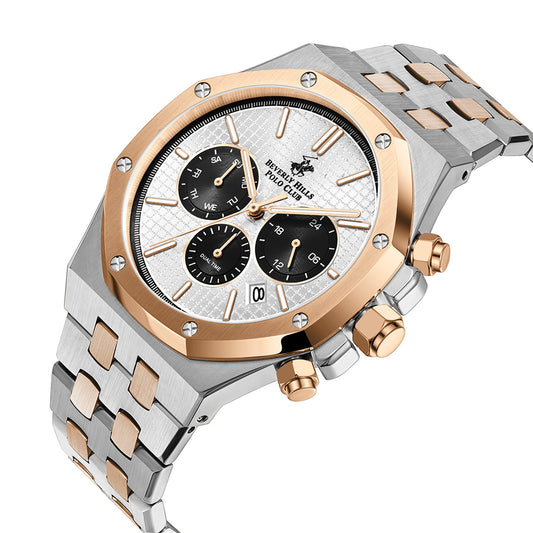 Beverly Hills Polo Club Men's Multifunction Watch with Silver Dial and Silver and rose-gold-111 Stainless Steel Band, BP3051X.532