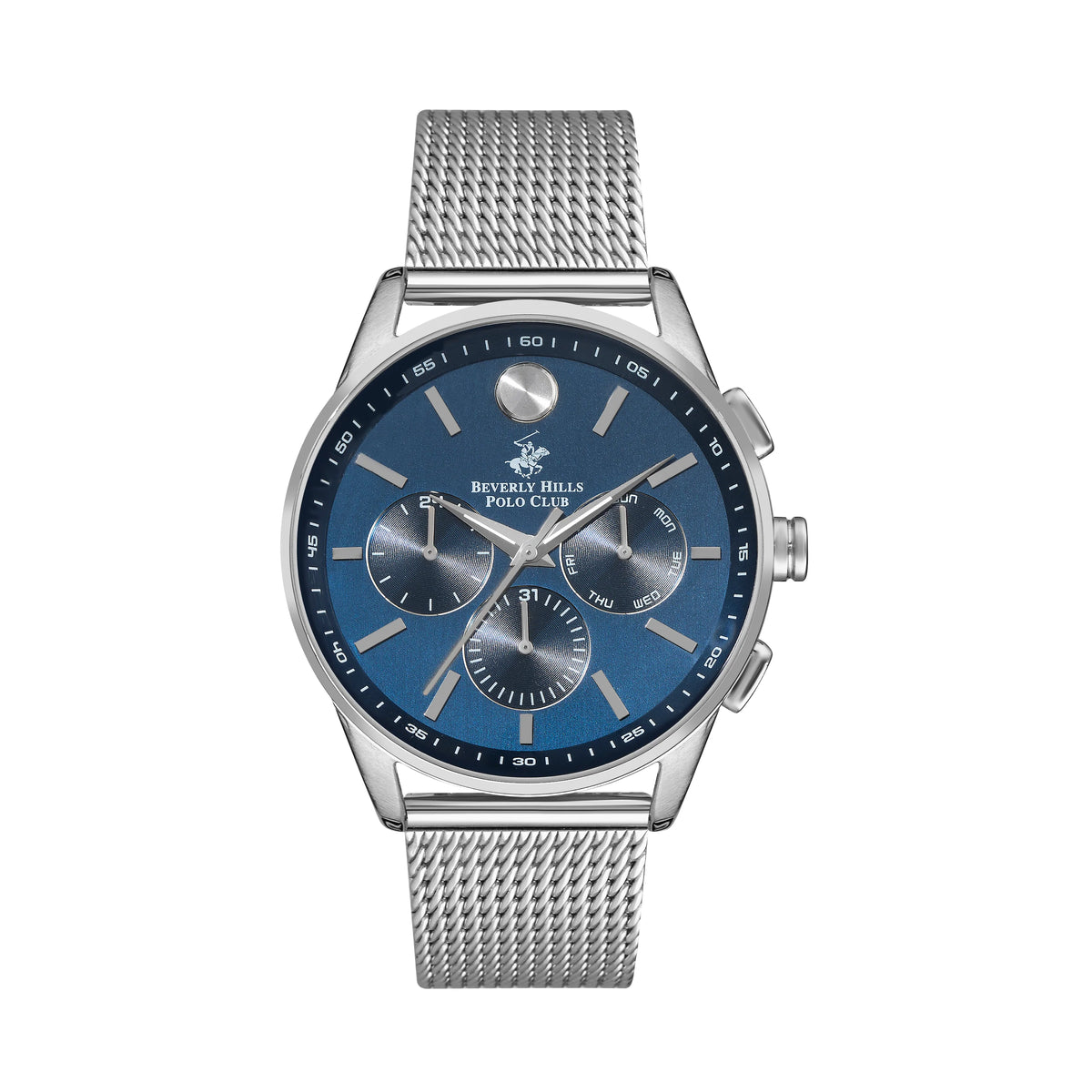 Beverly Hills Polo Club Men's Watch, Analog, Blue Dial, Silver Stainless Steel Strap, BP3263X.360