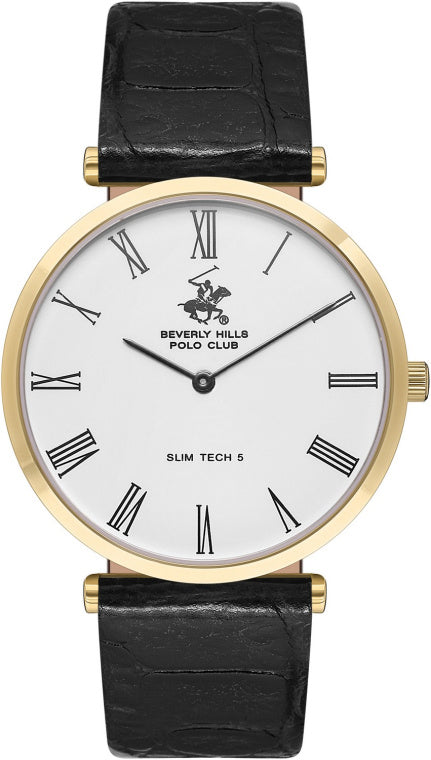Beverly Hills Polo Club Men's Analog Watch, White Ceramic Dial With Black Leather Strap, BP3615X.131