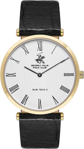 Beverly Hills Polo Club Men's Analog Watch, White Ceramic Dial With Black Leather Strap, BP3615X.131