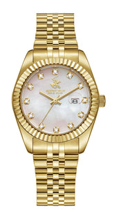 Beverly Hills Polo Club Women's Date Analog Watch with White Mother of Pearl Dial and Gold Stainless Steel Band, BP3654X.120