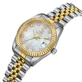 Beverly Hills Polo Club Women's Date Analog Watch with White Mother of Pearl Dial and Silver and Gold Stainless Steel Band, BP3654X.220