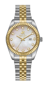 Beverly Hills Polo Club Women's Date Analog Watch with White Mother of Pearl Dial and Silver and Gold Stainless Steel Band, BP3654X.220