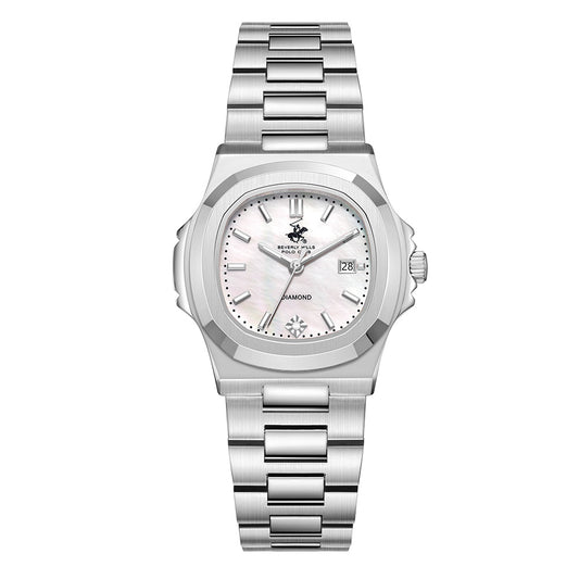 Beverly Hills Polo Club Women's Date Analog Watch with Mother of Pearl Dial and Silver Stainless Steel Band, BP3780X.320
