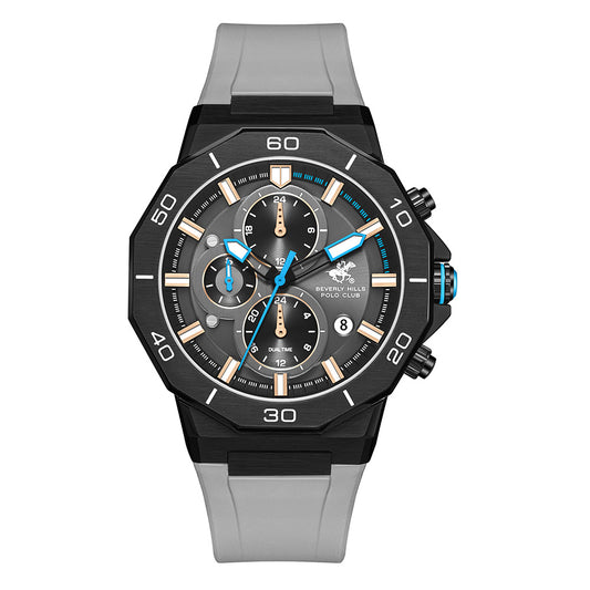 Beverly Hills Polo Club Men's Multifunction Watch with Black Dial and Grey Silicone Band, BP3784X.066
