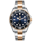 Beverly Hills Polo Club Men's Date Analog Watch with Dark Blue Dial and Silver and rose-gold-111 Stainless Steel Band, BP3797X.590