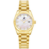 Beverly Hills Polo Club Women's Date Analog Watch with White Mother of Pearl Dial and Gold Stainless Steel Band, BP3801X.120