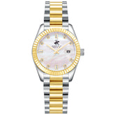 Beverly Hills Polo Club Women's Date Analog Watch with White Mother of Pearl Dial and Silver and Gold Stainless Steel Band, BP3801X.220