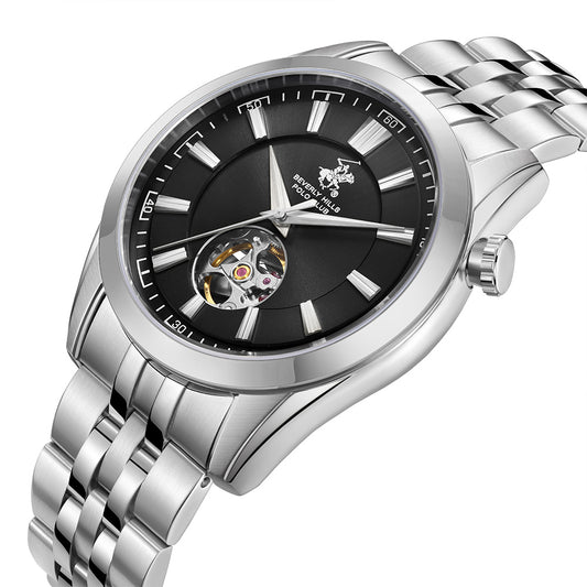 Beverly Hills Polo Club Men's Automatic Watch with Black Dial and Silver Stainless Steel Band, BP3816X.350
