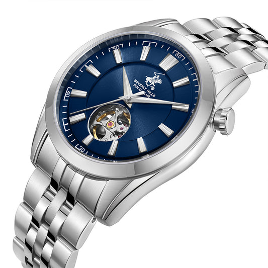 Beverly Hills Polo Club Men's Automatic Watch with Dark Blue Dial and Silver Stainless Steel Band, BP3816X.390