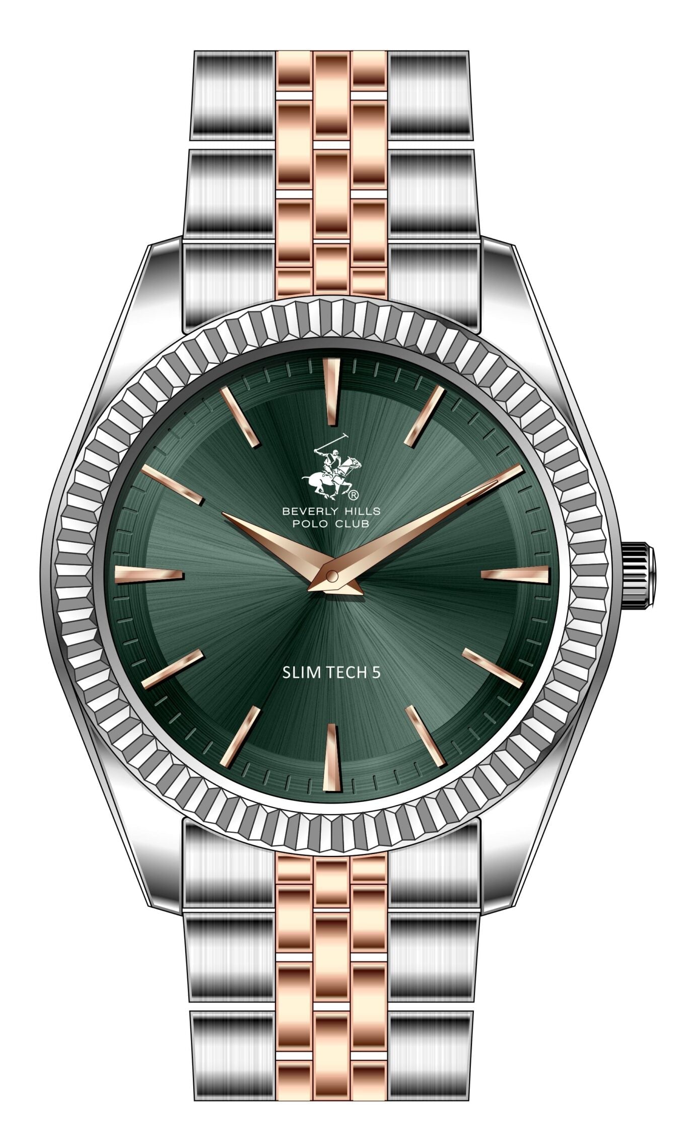 Beverly Hills Polo Club Men's Slim Analog Watch, Green Dial  With Two Tone Stainless Steel Band, BP3830X.570