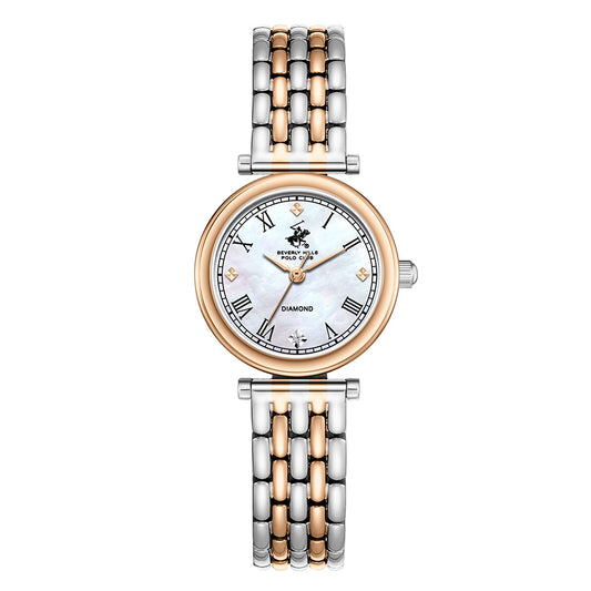 Beverly Hills Polo Club Women's Diamond Accent Analog Watch with White Mother of Pearl Dial and Silver and rose-gold-111 Stainless Steel Band, BP3894X.520