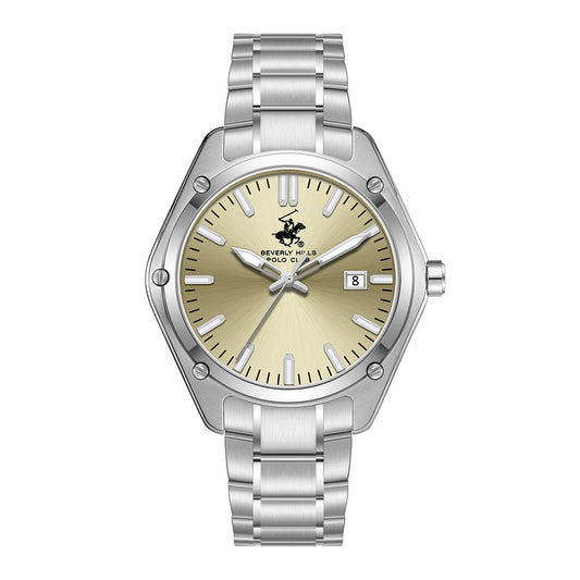 Beverly Hills Polo Club Men's Date Analog Watch with Gold Dial and Silver Stainless Steel Band, BP3896X.310