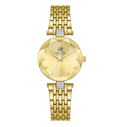 Beverly Hills Polo Club Women's Analog Watch with Light Champagne Dial and Gold Stainless Steel Band, BP3899X.110