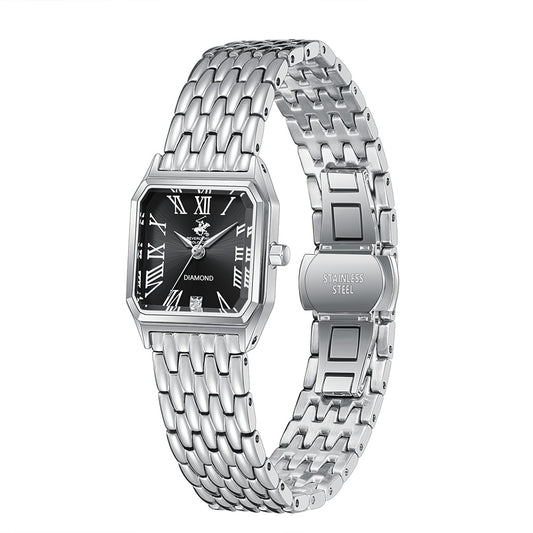 Beverly Hills Polo Club Women's Diamond Accent Analog Watch with Black Dial and Silver Stainless Steel Band, BP3916C.350