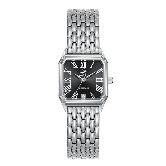 Beverly Hills Polo Club Women's Diamond Accent Analog Watch with Black Dial and Silver Stainless Steel Band, BP3916C.350
