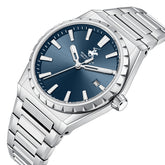 Beverly Hills Polo Club Men's Date Analog Watch with Dark Blue Dial and Silver Stainless Steel Band, BP3918X.390