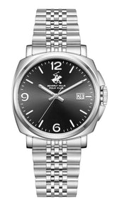 Beverly Hills Polo Club Men's Date Analog Watch with Gunmetal Black Dial and Silver Stainless Steel Band, BP3928X.350