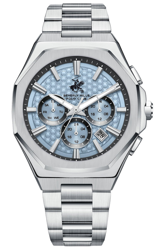 Beverly Hills Polo Club Men's Multifunction Watch with Blue Dial and Silver Stainless Steel Band, BP3930X.300