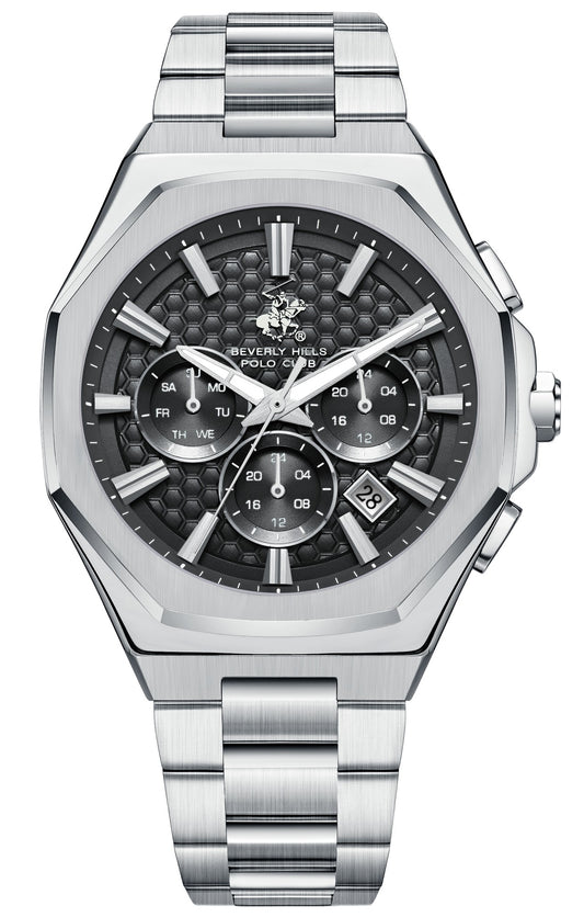 Beverly Hills Polo Club Men's Multifunction Watch with Black Dial and Silver Stainless Steel Band, BP3930X.350