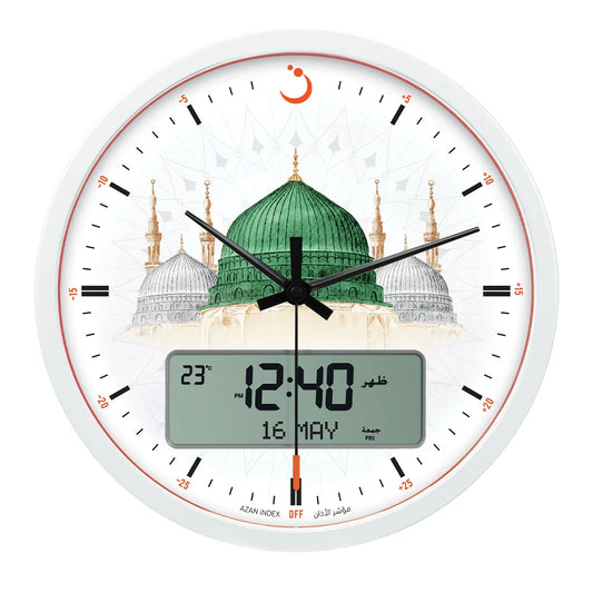 Alfajr Islamic Prayer Wall Clock Ana-Digital White With Azan And Prayer Times, CR-23MADINAH authentic Alfajr CR-23MADINAH Islamic prayer product in Bahrain