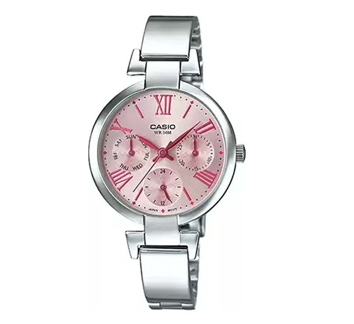 Casio, Women's Watch Fashion Collection Analog, Pink Dial Silver Stainless Band, LTP-E404D-4AVDF