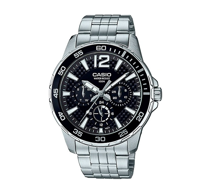 Casio, Men’s Watch Analog, Black Dial Silver Stainless Steel Band, MTD-330D-1AVDF