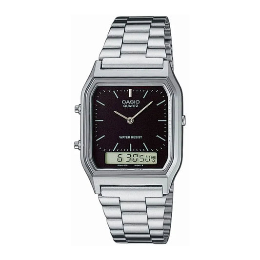 Casio Vintage Unisex Watch Analog-Digital Black Dial With Silver Stainless Steel Band, AQ-230A-1DMQD