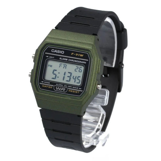 Casio Men's Watch Vintage Collection Digital, Green Dial Black Resin Strap, F-91WM-3ADF
