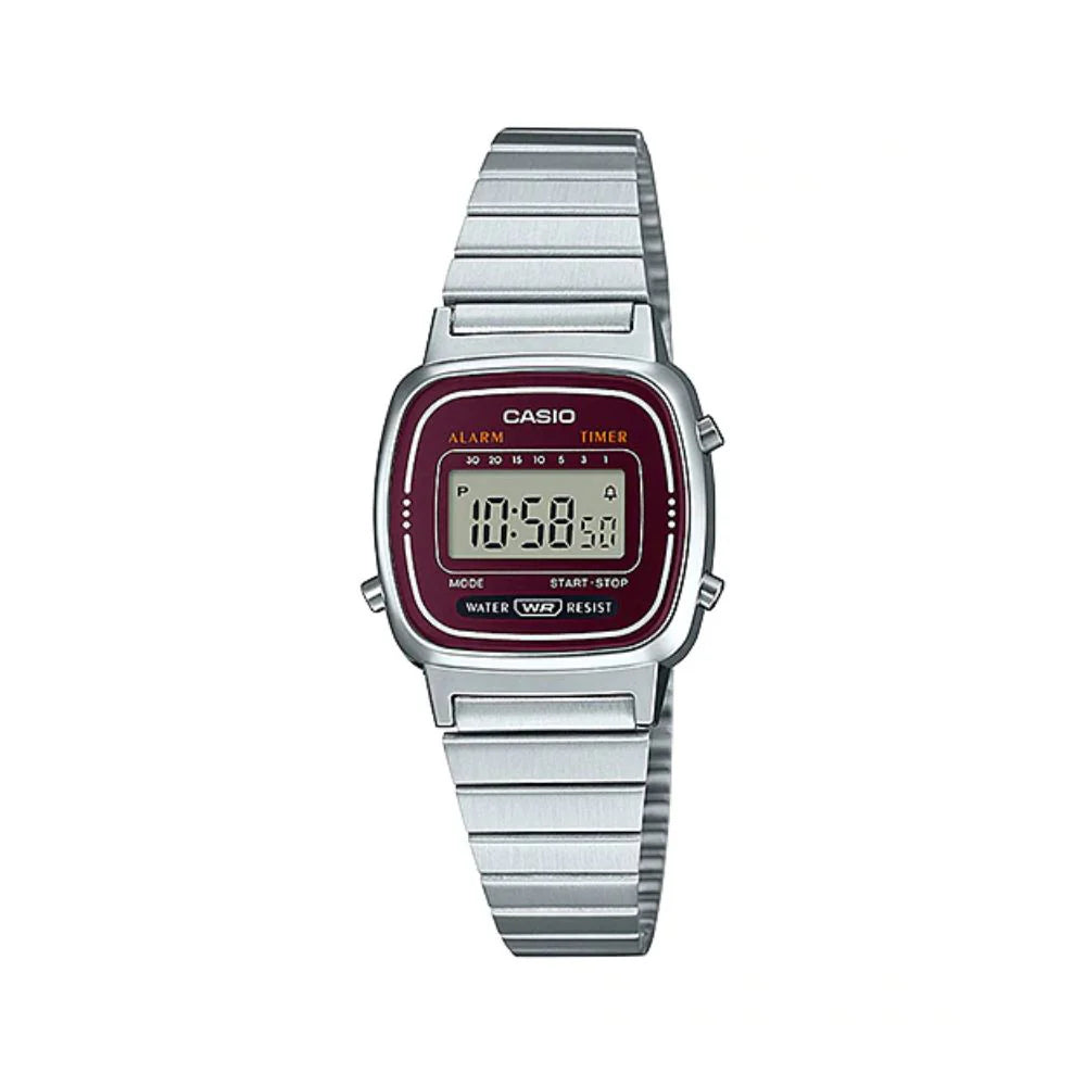 Casio, Women's Watch Vintage Collection Digital, Maroon Dial Silver Stainless Steel Band, LA670WA-4DF product image