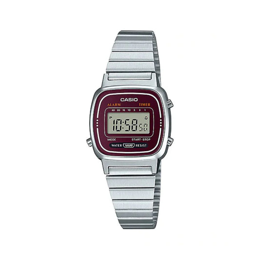 Casio, Women's Watch Vintage Collection Digital, Maroon Dial Silver Stainless Steel Band, LA670WA-4DF product image