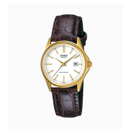 Casio Women's Watch Analog, White Dial Brown Leather Strap, LTP-1183Q-7ADF