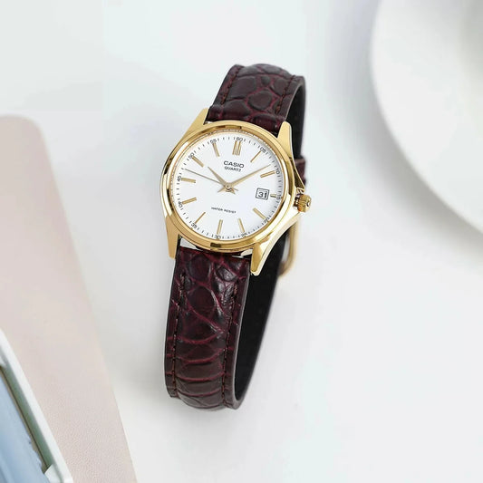 Casio Women's Watch Analog, White Dial Brown Leather Strap, LTP-1183Q-7ADF