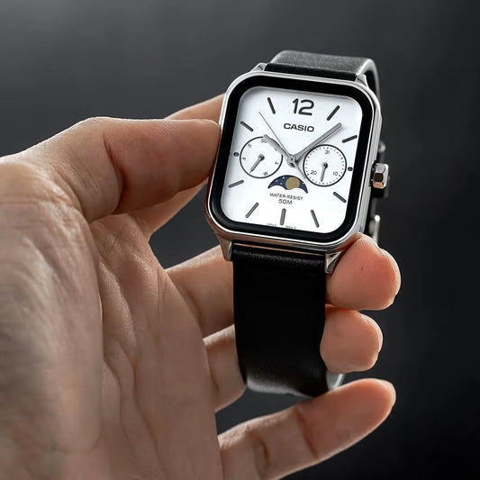 Casio Men's Watch, White Multi-Dial Moon phase, Black Leather Strap, MTP-M305L-7AVDF