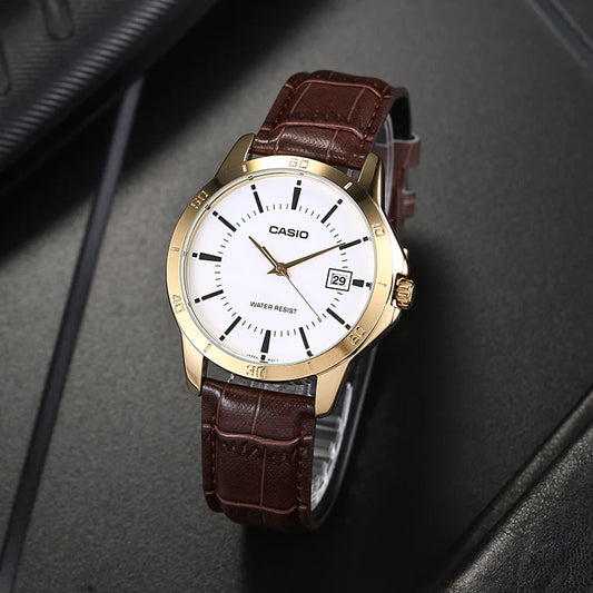 Casio Men's Watch Analog, White Dial Brown Leather Strap, MTP-V004GL-7AUD