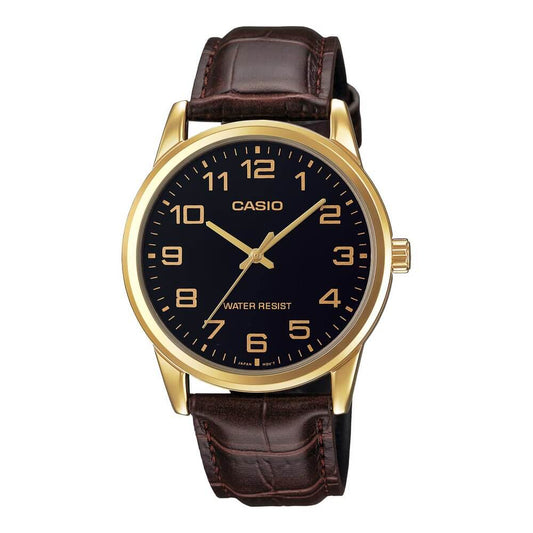 Casio, Men's Watch Analog, Black Dial Brown Leather Band, MTP-V001GL-1BUD