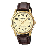 Casio, Men's Watch Analog, Gold Dial Brown Leather Band, MTP-V001GL-9BUD