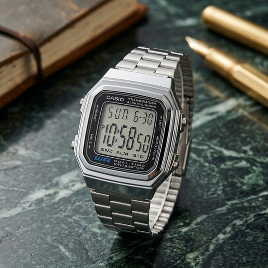 Casio Men's Watch Vintage Collection Digital, Black Dial Silver Stainless Steel Strap, A178WA-1ADF