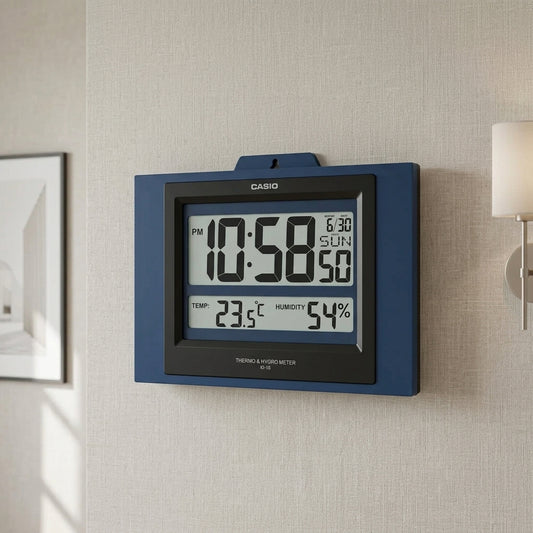 Casio Digital Wall & Desktop Clock | Thermometer & Hygrometer | Matte Blue, ID-16S-2DF