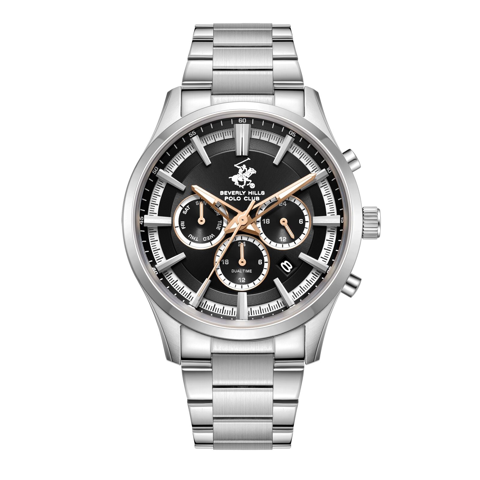 Beverly Hills Polo Club Men's Watch Analog Black Dial with Silver Stainless Steel Band, BP3779X.350