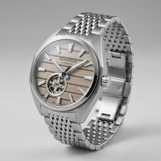 Quantum Men's Automatic Watch Beige Dial Metal Band, QMG1244.370