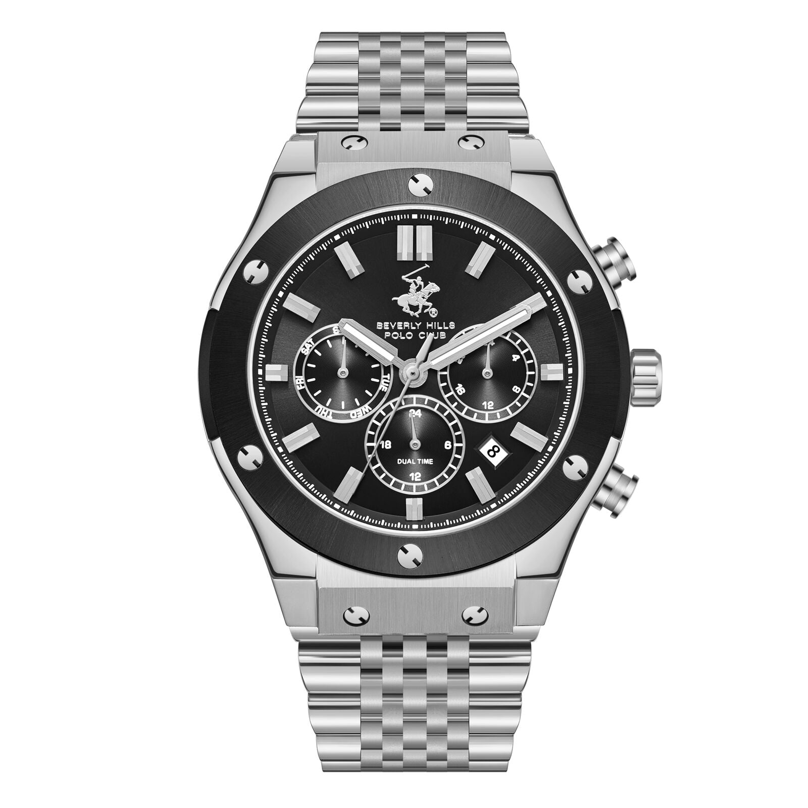 Beverly Hills Polo Club Men's Watch Analog Black Dial with Silver Stainless Steel Band, BP3773X.350
